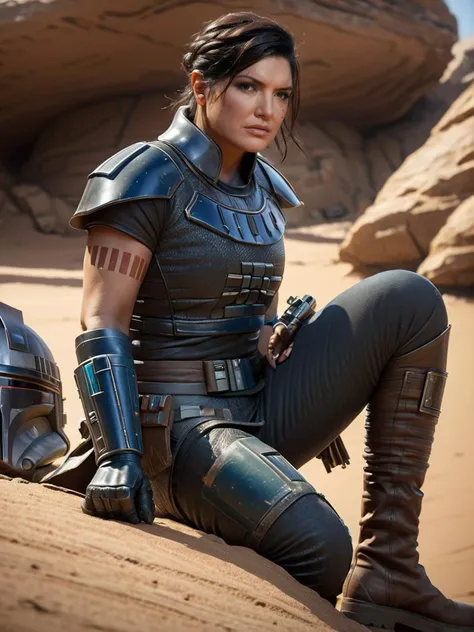 (back view1.5) (full body1.5) shot Hyper-realistic portrait of Cara Dune <lora:Cara_Dune_Mandalorian_2:0.8> (((sitting on a rock))), Gina Carano beautiful face, sexy figure, weathered and rugged armor with brown leather boots, intense gaze, furrowed brow, dramatic shadows, worn body armor with intricate details, , (((dynamic action pose))), 8k uhd, dslr, soft lighting, high quality, background of star wars desert planet, intricate details, masterpiece, trending on artstation, realistic, Cinematic, epic, action packed, incredibly detailed and realistic, magnificent, vignette, high budget, bokeh, moody, sharp, highly detailed, concept art, realistic hands, dynamic pose, dynamic shotfantastic location, majestic cluttered environment, 8k unity render, action shot, skin pores, detailed, detailed face, (vibrant, photorealistic, realistic, dramatic, dark, sharp focus, 8k), (weathered damaged old worn leather outfit:1.5), (intricate:1.5), (highly detailed:1.4), octane render, sharp focus, art by artgerm, (loish:0.23) , wlop ilya kuvshinov, and greg rutkowski and alphonse mucha gracias, (global illumination, studio light, volumetric light)