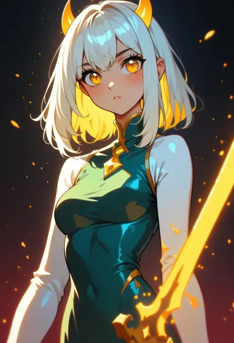 score_9, score_8_up, score_7_up, hkstyle, BREAK beautyfull color, aesthetic, 2d, BREAK 1girl, solo, twisted ram's horns, freckles, white hair, long bangs, golden eyes, vertical pupils, pale skin, green dress, BREAK dramatic lighting, medium shot, half-sidways view