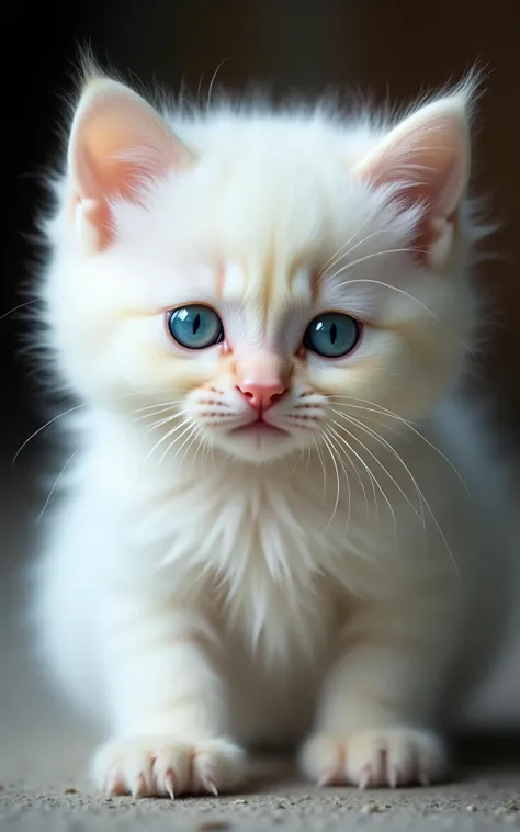 animal,blue eyes,kitten,looking at viewer,no humans,realistic,photograph,(((photo:1))),(((full body)))cat,white fluffy,
The image features a closeup of a fluffy white kitten with striking blue eyes The kittens fur is predominantly white,with a hint of cream on its ears and nose,which adds to its adorable appearance Its ears are perky and pointed,with a slight blush of pink,and the kittens gaze is direct and engaging,drawing the viewer inThe kittens blue eyes are particularly captivating,with a hint of green around the pupils,which is a common trait in kittens The irises are clear and bright,and the reflection in the eyes gives a sense of depth and liveliness The kittens whiskers are long and delicate,with a soft white hue that contrasts nicely against the darker backgroundThe kittens expression is one of curiosity and attentiveness,as if it is intently observing something of interest The way its fur is slightly ruffled around the neck and shoulders gives a sense of movement,as if the kitten has just shifted position or is in the midst of a playful momentOverall,the image is interesting because of the kittens soft,fluffy appearance,its captivating blue eyes,and the way it seems to be interacting with its environment The details in the kittens fur texture,the color gradations,and the play of light and shadow add depth and realism to the image,making the kitten appear even more charming and endearing,