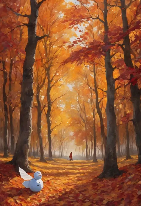 ((masterpiece)), ((best quality)), 8k, high detailed, ultra-detailed, A vibrant autumn landscape filled with trees, colorful leaves covering the ground, an autumnal figure resembling a snowman made entirely of fallen leaves, trees with orange, red, and yellow leaves, sunlight filtering through the branches, calm and peaceful setting, leaf piles around the figure, slight breeze