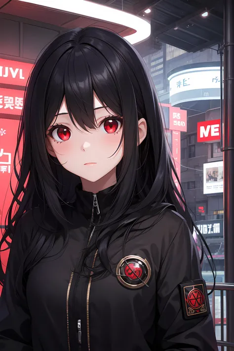 1girl, long hair, black hair, red eyes, CCTV