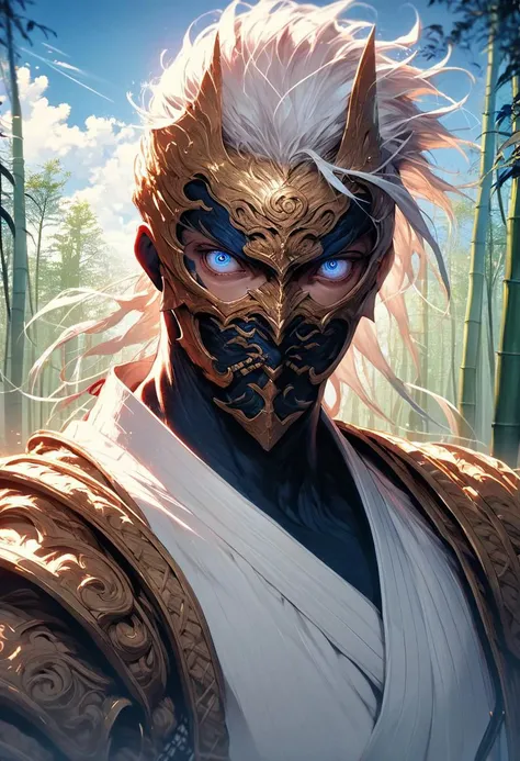 score_9,score_8_up,score_7_up,source_anime,1 man,Samurai armor,red and gold armor,Samurai helmet,face mask, long white hair, emotional noble eyes, dynamic pose, full body shot,bamboo forest, clear sky,blue sky,clouds,sun,bright image,daylight,fantasy, intricate details, vivid colours, natural lighting, professional lighting, perfect quality, high quality, photorealistic, Sinozick Style,