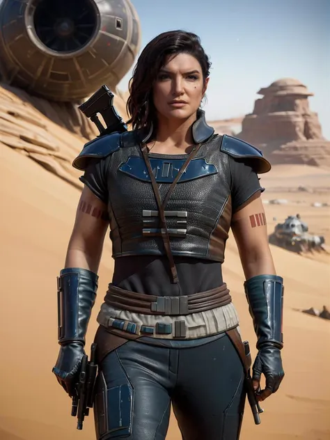 (three quarter view1.5) (full body1.5) shot Hyper-realistic portrait of Cara Dune <lora:Cara_Dune_Mandalorian_2:0.8> (((aiming a large gun))), Gina Carano beautiful face, sexy figure, weathered and rugged armor with brown leather boots, intense gaze, furrowed brow, dramatic shadows, worn body armor with intricate details, , (((dynamic action pose))), 8k uhd, dslr, soft lighting, high quality, background of star wars desert planet, intricate details, masterpiece, trending on artstation, realistic, Cinematic, epic, action packed, incredibly detailed and realistic, magnificent, vignette, high budget, bokeh, moody, sharp, highly detailed, concept art, realistic hands, dynamic pose, dynamic shotfantastic location, majestic cluttered environment, 8k unity render, action shot, skin pores, detailed, detailed face, (vibrant, photorealistic, realistic, dramatic, dark, sharp focus, 8k), (weathered damaged old worn leather outfit:1.5), (intricate:1.5), (highly detailed:1.4), octane render, sharp focus, art by artgerm, (loish:0.23) , wlop ilya kuvshinov, and greg rutkowski and alphonse mucha gracias, (global illumination, studio light, volumetric light)