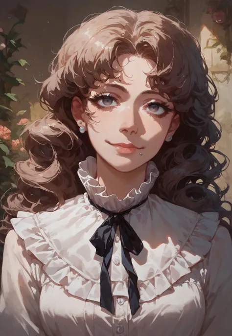 score_9, score_8_up, score_7_up, ASCII, masterpiece,marina funger, 1girl, black ribbon, closed mouth, frilled shirt collar, frills, light smile, mouth piercing, neck ribbon, portrait, ribbon, solo, light brow hair, lined eyes