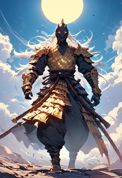 score_9,score_8_up,score_7_up,source_anime,1 man,Samurai armor,red and gold armor,Samurai helmet,face mask, long,white hair, emotional noble eyes, dynamic pose, full body shot,background epic Nordic landscape, clear sky,blue sky,clouds,sun,bright image,daylight,fantasy, intricate details, vivid colours, natural lighting, professional lighting, perfect quality, high quality, photorealistic, Sinozick Style,