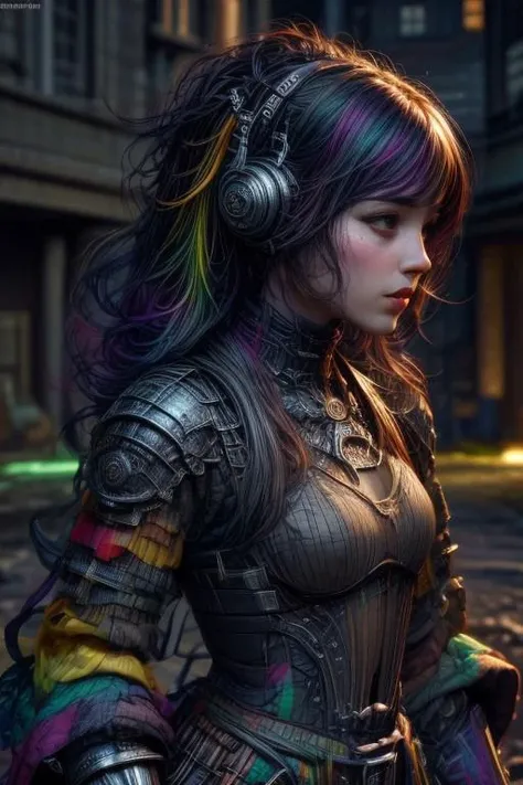 (best quality, masterpiece), (intricate details), unity 8k wallpaper, ultra detailed, beautiful and aesthetic, (photorealistic:1.4),
from side, cowboy shot,
scandianvian woman, science fiction, lovecraft style, standing,
(multicolored:1.9) plate armor,
cable, electric wires, microchip, mechanical parts,
beautiful face, perfect face,
very long curly platinum hair,
beautiful detailed background ruined city,