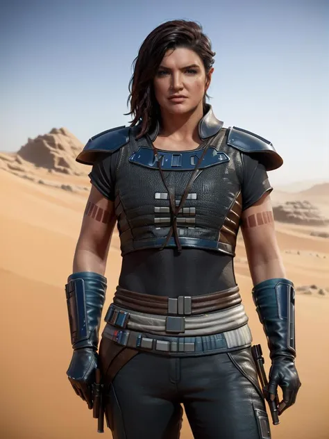 (three quarter view1.5) (full body1.5) shot Hyper-realistic portrait of Cara Dune <lora:Cara_Dune_Mandalorian_2:0.8> (((aiming a large gun))), Gina Carano beautiful face, sexy figure, weathered and rugged armor with brown leather boots, intense gaze, furrowed brow, dramatic shadows, worn body armor with intricate details, , (((dynamic action pose))), 8k uhd, dslr, soft lighting, high quality, background of star wars desert planet, intricate details, masterpiece, trending on artstation, realistic, Cinematic, epic, action packed, incredibly detailed and realistic, magnificent, vignette, high budget, bokeh, moody, sharp, highly detailed, concept art, realistic hands, dynamic pose, dynamic shotfantastic location, majestic cluttered environment, 8k unity render, action shot, skin pores, detailed, detailed face, (vibrant, photorealistic, realistic, dramatic, dark, sharp focus, 8k), (weathered damaged old worn leather outfit:1.5), (intricate:1.5), (highly detailed:1.4), octane render, sharp focus, art by artgerm, (loish:0.23) , wlop ilya kuvshinov, and greg rutkowski and alphonse mucha gracias, (global illumination, studio light, volumetric light)