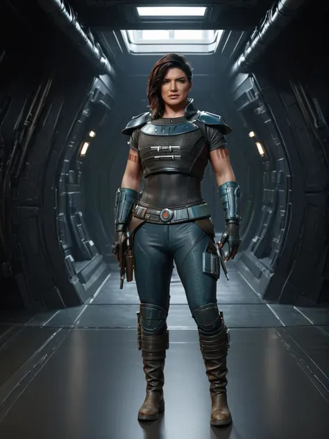 (three quarter view1.5) (full body1.5) shot Hyper-realistic portrait of Cara Dune <lora:Cara_Dune_Mandalorian_2:0.8> aiming a weapon, Gina Carano beautiful face, sexy figure, weathered and rugged armor with brown leather boots, intense gaze, furrowed brow, dramatic shadows, worn body armor with intricate details, , (((dynamic action pose))), 8k uhd, dslr, soft lighting, high quality, background of black sci-fi spaceship corridor, intricate details, masterpiece, trending on artstation, realistic, Cinematic, epic, action packed, incredibly detailed and realistic, magnificent, vignette, high budget, bokeh, moody, sharp, highly detailed, concept art, realistic hands, dynamic pose, dynamic shotfantastic location, majestic cluttered environment, 8k unity render, action shot, skin pores, detailed, detailed face, (vibrant, photorealistic, realistic, dramatic, dark, sharp focus, 8k), (weathered damaged old worn leather outfit:1.5), (intricate:1.5), (highly detailed:1.4), octane render, sharp focus, art by artgerm, (loish:0.23) , wlop ilya kuvshinov, and greg rutkowski and alphonse mucha gracias, (global illumination, studio light, volumetric light)