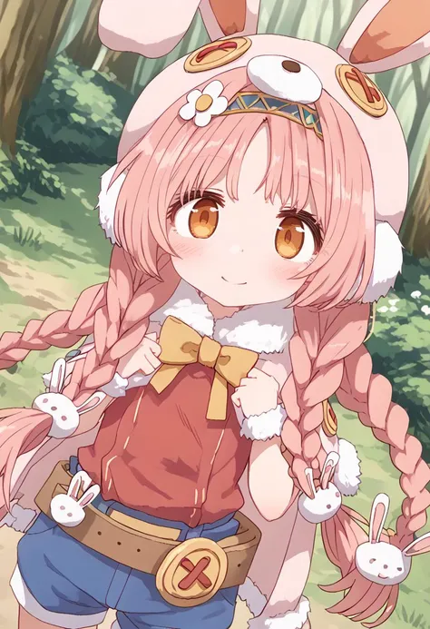 score_9,
1girl,from above,upperbody,dutch angle,solo,looking at viewer,smile,blush,pcrmimi, very long hair, twin braids, mimidef, bunny hat, hairband, rabbit hair ornament, white flower, fur-trimmed capelet, pink shirt, red shirt, red mitten, belt, blue shorts,
petite, smile, outdoors, forest, sumiyao+, <lora:sumiyao+PDXL2:1> <lora:_mimipcr-elesico-pony:1>