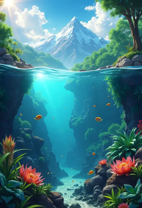 4k, 8k, unreal engine 5,(ultra high res:1.4), (masterpiece), (beautiful lighting:1.4) , lush green forest, Mountains, Bright sunlight illuminates the crystal-clear water, (deep underwater), anime, half above water and half below water, (clear underwater), beautiful sky with clouds and smoke, tropical fish, depth