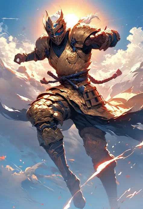 score_9,score_8_up,score_7_up,source_anime,1 man,Samurai armor,red and gold armor,Samurai helmet,face mask, long,white hair, emotional noble eyes, dynamic pose, full body shot,background epic Nordic landscape, clear sky,blue sky,clouds,sun,bright image,daylight,fantasy, intricate details, vivid colours, natural lighting, professional lighting, perfect quality, high quality, photorealistic, Sinozick Style,
