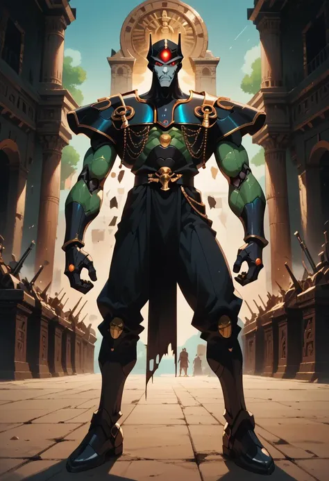 score_9, score_8_up, score_7_up,
Set, Gods of Egypt, muscular, robot, mecha, sleek metal body, glowing red eyes, enhanced body, 8K, In'ei, perfect depth of field, chiaroscuro, volumetric lighting, clear_eyes, crisp details, cinematic lighting, cinematic masterpiece, dynamic action pose, detailed background, photographic realism, masterclass 8K Uneal 5 CGI render, evil, villain, fight, damaged temple, golden light, perfect proportions, perfect hands, powerful muscular body, manly bulge
<lora:princess_xl_v2:0.1>
<lora:OtherStyle_03:0.3>
<lora:MayonnaisePony:0.3>
<lora:AllAnatomy:0.5>