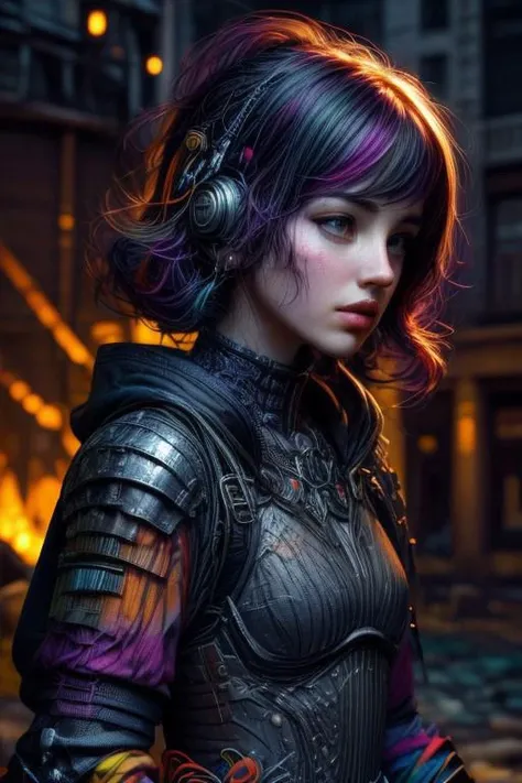 (best quality, masterpiece), (intricate details), unity 8k wallpaper, ultra detailed, beautiful and aesthetic, (photorealistic:1.4),
from side, cowboy shot,
scandianvian woman, science fiction, lovecraft style, standing,
(multicolored:1.9) plate armor,
cable, electric wires, microchip, mechanical parts,
beautiful face, perfect face,
very long curly platinum hair,
beautiful detailed background ruined city,