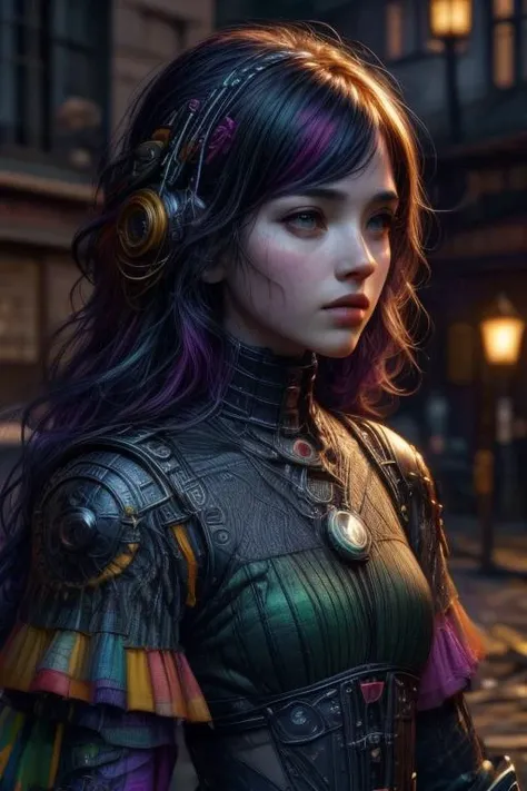 (best quality, masterpiece), (intricate details), unity 8k wallpaper, ultra detailed, beautiful and aesthetic, (photorealistic:1.4),
from side, cowboy shot,
scandianvian woman, science fiction, lovecraft style, standing,
(multicolored:1.9) plate armor,
cable, electric wires, microchip, mechanical parts,
beautiful face, perfect face,
very long curly platinum hair,
beautiful detailed background ruined city,
