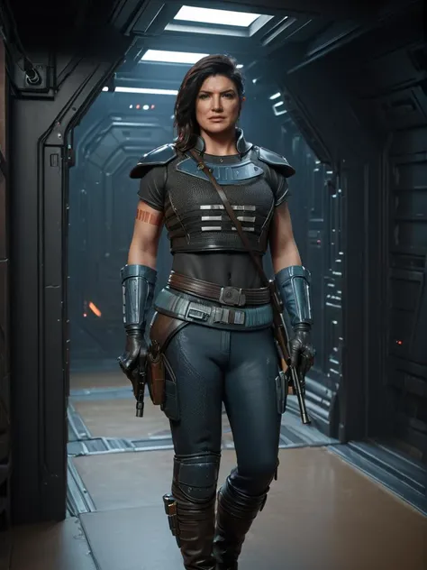 (three quarter view1.5) (full body1.5) shot Hyper-realistic portrait of Cara Dune <lora:Cara_Dune_Mandalorian_2:0.8> holding a weapon, Gina Carano beautiful face, sexy figure, weathered and rugged armor with brown leather boots, intense gaze, furrowed brow, dramatic shadows, worn body armor with intricate details, , (((dynamic action pose))), 8k uhd, dslr, soft lighting, high quality, background of black sci-fi spaceship corridor, intricate details, masterpiece, trending on artstation, realistic, Cinematic, epic, action packed, incredibly detailed and realistic, magnificent, vignette, high budget, bokeh, moody, sharp, highly detailed, concept art, realistic hands, dynamic pose, dynamic shotfantastic location, majestic cluttered environment, 8k unity render, action shot, skin pores, detailed, detailed face, (vibrant, photorealistic, realistic, dramatic, dark, sharp focus, 8k), (weathered damaged old worn leather outfit:1.5), (intricate:1.5), (highly detailed:1.4), octane render, sharp focus, art by artgerm, (loish:0.23) , wlop ilya kuvshinov, and greg rutkowski and alphonse mucha gracias, (global illumination, studio light, volumetric light)