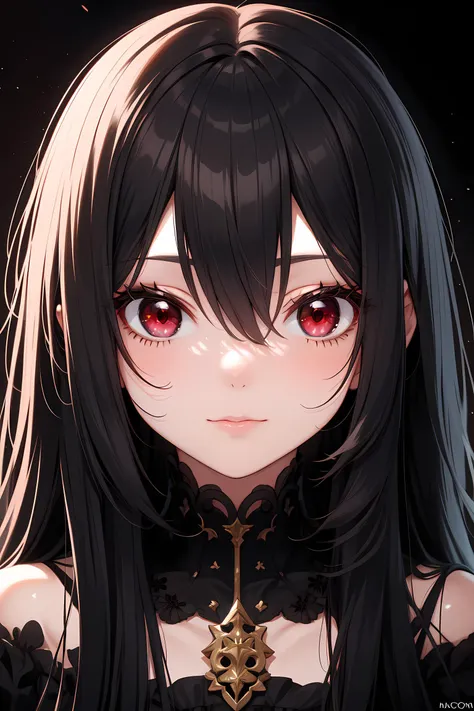 1girl, long hair, black hair, red eyes, macro