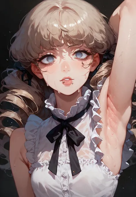 score_9, score_8_up, score_7_up, ASCII, masterpiece,marina funger, 1girl, black ribbon,frilled shirt collar, frills , mouth piercing, neck ribbon, ribbon, solo, light brow hair, lined eyes, black background, sweaty , flat chest, armpits