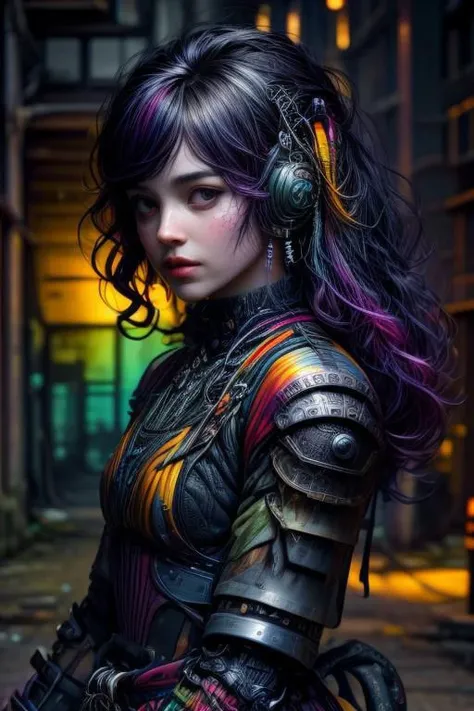 (best quality, masterpiece), (intricate details), unity 8k wallpaper, ultra detailed, beautiful and aesthetic, (photorealistic:1.4),
from side, cowboy shot,
scandianvian woman, science fiction, lovecraft style, standing,
(multicolored:1.9) plate armor,
cable, electric wires, microchip, mechanical parts,
beautiful face, perfect face,
very long curly platinum hair,
beautiful detailed background ruined city,
