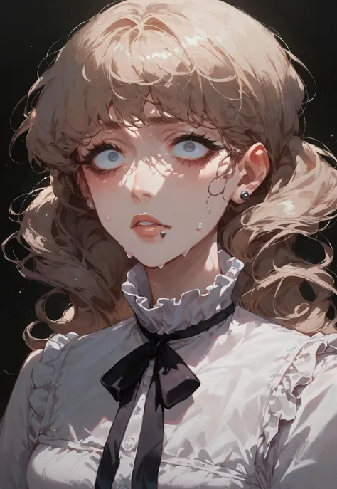 score_9, score_8_up, score_7_up, ASCII, masterpiece,marina funger, 1girl, black ribbon,frilled shirt collar, frills , mouth piercing, neck ribbon, ribbon, solo, light brow hair, lined eyes, black background, sweaty