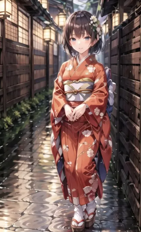 extremely detailed CG unity 8k wallpaper, realistic, hand by Guido Daniele
<lora:realistic_kimono_clothes:0.5>,wearing kimono_clothes, sitting on the wooden bridge, sakuramon, print kimono, stone brick road, wet road, clogs, two toe socks, ray chase,reflection, small bag, long kimono on shoulders, laurels, top view