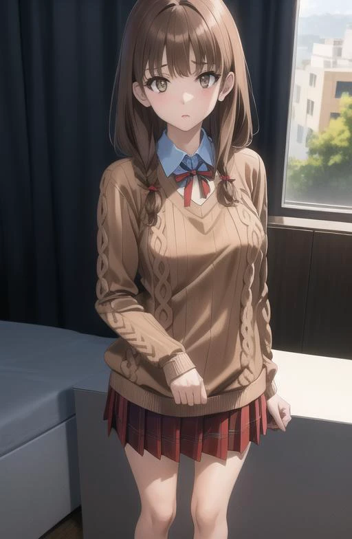 masterpiece, high quality, best quality, high resolution, 4k, high definition, beautiful lighting,highly detailed face, well drawn hands, well drawn legs,well drawn feet,well drawn eyes,1girl,kaede, brown hair, brown eyes,schoolgirl uniform,plaid red skirt, white shirt, (((blue sweater))),red neck ribbon,small boobs, small ass,standing,shy, cowering <lora:kaedelora-01:1>