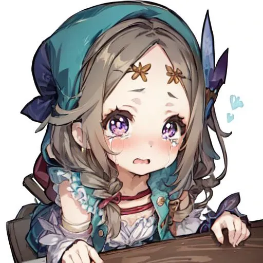 (1girl), masterpiece, best quality, super fine illustration, an extremely cute little girl, highly detailed beautiful face, looking at viewer, 1girl, belt, closeup, looking at viewer, 4k, high res, ribbon, firis mistuld, blush, pov, twintail hair, white background, simple background, thick outline, purple eyes, (sleep), brown hair, chibi, love expression, ((brown hair)), (crying),