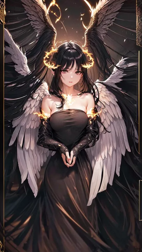(ultra-detailed, CG ,unity ,8k wallpaper),(masterpiece),(realistic),the black halo,(photorealistic:1.2),(raw photo:1.2), (best quality:1.2),(detailed face:1.3),(detailed body:1.3)black nimbus,dark fantasy, (beautiful detailed eyes,black eyes,empty eyes :1.2),fire around,(detailed hair),1girl,(Angel wings:1.4),fire around,(long black hair:1.3),fire around
