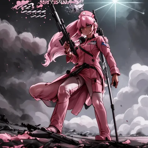 weapon, gun, rifle, dust cloud, 1girl, pink hair, nurse, nurse cap, <lora:bianca_trigger_v1:0.75>, bianca_\(clinic of horrors\),
(best quality:1.3),(masterpiece:1.1),(illustration:1.2),(ultra-detailed:1.2),beautiful detailed eyes, (Extremely detailed background:1.1),