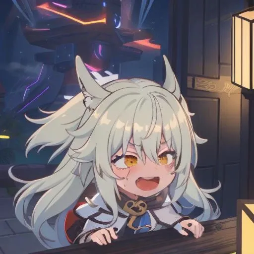 nsfw, ((ultra-detailed)), (masterpiece:1.2, best quality:1.2, highres:1.2), 1girl,, <lora:chibi-laugh:0.8>, chibi, laughing, <lora:aliceFenrirTowerOf_v131:1>, Fenrir_\(tower of fantasy\)