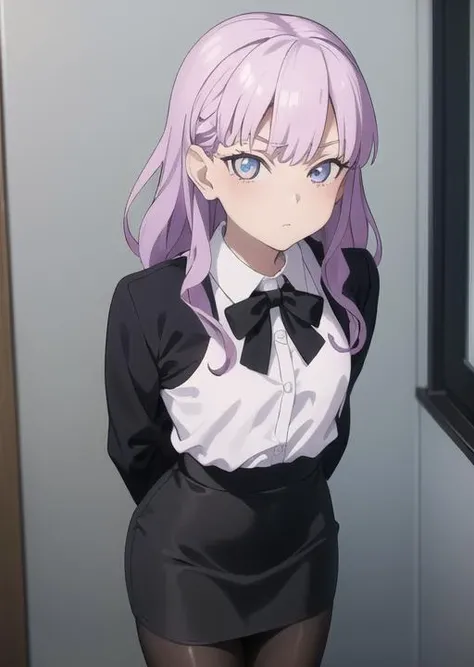 ((masterpiece)), best quality, 1girl, indoor, (wien margarette), <lora:wien:0.8>, small breasts, office, pantyhose, black pantyhose, from above, looking at viewer, (shirt, collared shirt, pencil skirt, white shirt), ((hands behind back)), shy, ((arms behind back)),