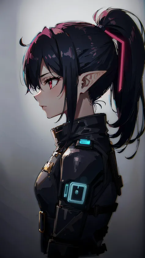 <lora:CyberPunkAI:0.8> CyberpunkAI, neon, 1girl, Elf, pointy ears, red eyes, black hair, ponytail hairstyle