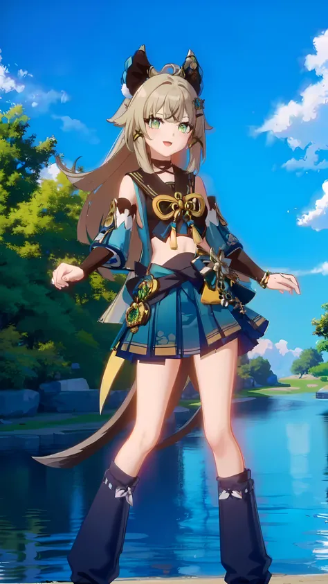 <lora:Genshin_Kirara_AP_v3:0.8>, 1girl, green eyes, official, two tails, paw, Kirara, at lake, very happy, view from bottom, looking down at viewer