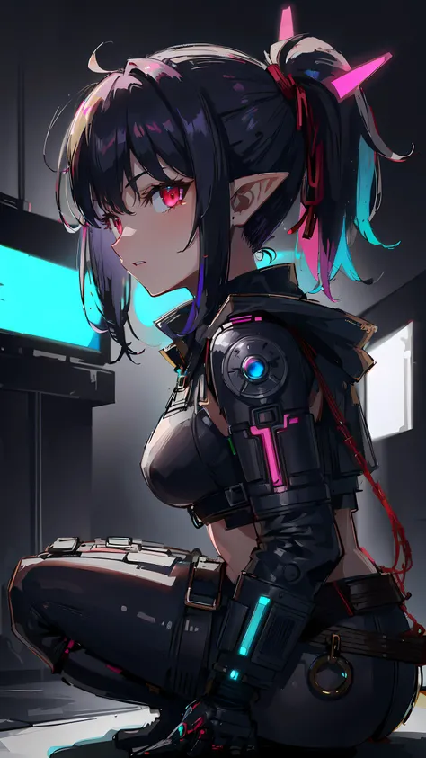 <lora:CyberPunkAI:0.8> CyberpunkAI, neon, 1girl, Elf, pointy ears, multicolored eyes, black hair, ponytail hairstyle
