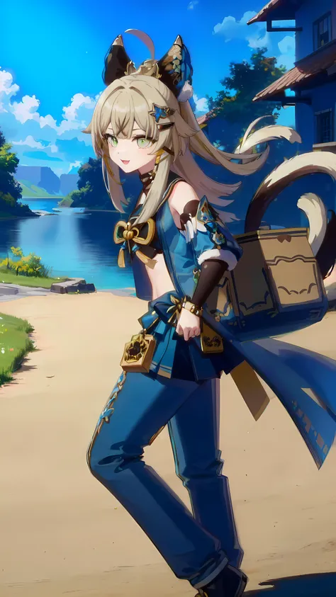 <lora:Genshin_Kirara_AP_v3:0.8>, 1girl, green eyes, official, two tails, paw, Kirara, mailman, (carries the ordered package), full body view, view from the side, looks straight ahead, very happy