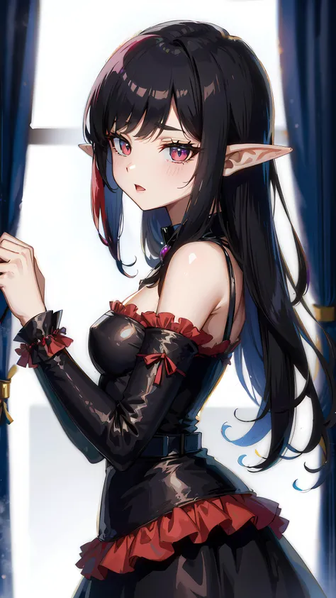 <lora:PastelGothAI:0.8>, PastelGothAI, elf, pointy ears, black hair with red highlights