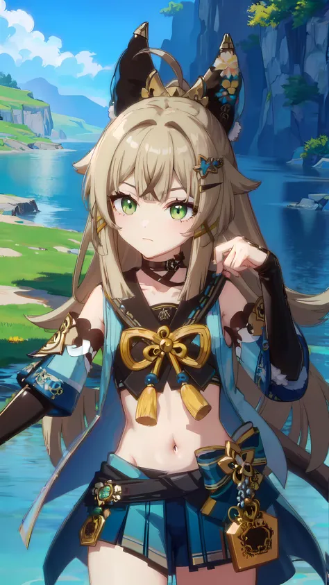 <lora:Genshin_Kirara_AP_v3:0.8>, 1girl, green eyes, official, two tails, paw, Kirara, at lake