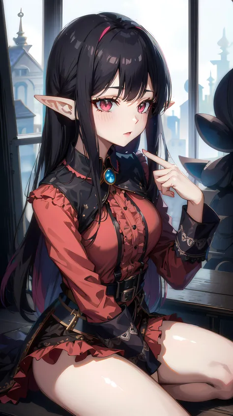 <lora:PastelGothAI:0.8>, PastelGothAI, elf, pointy ears, black hair with red highlights
