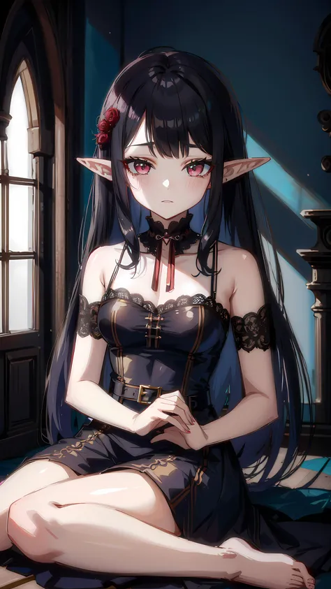 <lora:PastelGothAI:0.8>, PastelGothAI, elf, pointy ears, black hair with red strands