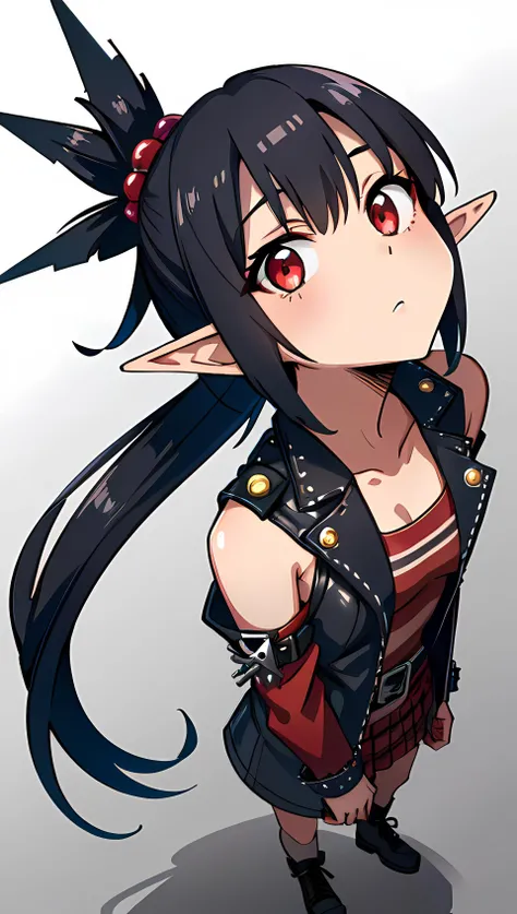 <lora:PunkPunkAI:0.8> red PunkPunkAI, 1girl, elf, black hair, red eyes, ponytail hairstyle, look up to the viewer