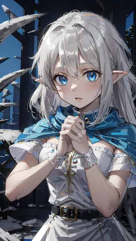 <lora:made_of_ice:0.7> made_of_ice, 1girl, Elf, white Hair, light blue eyes, (ice mage), pointy ears, (only two hands)