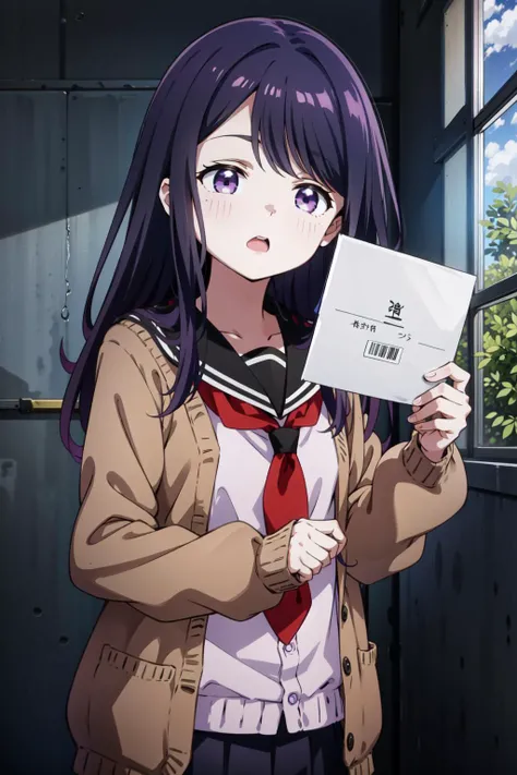 upper body, Nagisa Kubo, purple hair, purple eyes, 1girl, <lora:Nagisa Kubo_V1-000004:0.7>, (eating:1.1), open mouth, classroom, black sailor collar, school uniform, serafuku, white shirt, red neckerchief, black pleated skirt, (brown cardigan:1.3), open cardigan, long sleeves, white legwear, brown footwear,, (masterpiece:1.2), highres, best quality, 8k, very clear, <lora:animeGirlsHolding_v10:0.5>, Holding_Sign,