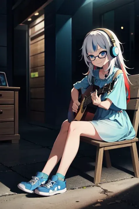 best quality, 4K wallpaper, masterpiece, extremely detailed CG unity 8k wallpaper, extremely detailed eyes, ultra-detailed, 1girl, solo, Gura, multicolored hair, blue eyes, long hair, shirt dress, shark tail, shark hair ornament, glasses, headphones, play guitar, looking at viewer, sitting, park chair, park, light smile, <lora:Gura:1>