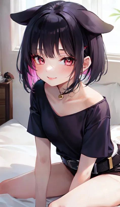 (1girl), masterpiece, best quality, super fine illustration, an extremely cute little girl, highly detailed beautiful face, looking at viewer, 1girl, belt, closeup, looking at viewer, 4k, high res, ((kazusa)), blush, pov, twintail hair,(indoor),kazusa, 1girl, animal ears, colored inner hair, short hair, (flower), (casual clothes), (opening shirt), (blush), ((naughty smiles)), (puffy cheeks), ((lying in bed)), (blue outer shirt), (black undershirt), ((double shirt), (nice ass), (doggy style), fullbody,