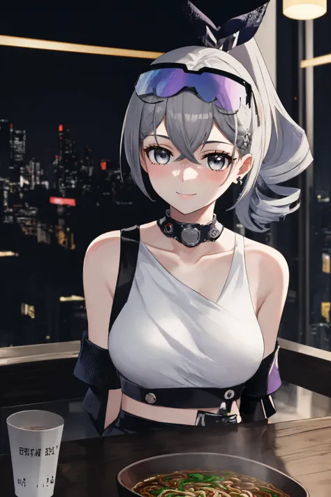 masterpiece, best quality, 1girl, solo, extremely detailed, extremely detailed eyes, extremely detailed background, ((SilverWolfV4)), tiny breasts, grey eyes, grey hair, eyewear on head, short sleeves, hair ornament, earrings, drill hair, black shorts, black gloves, ponytail, evening, neon city lights, rain, raindrops, mirror reflection, cyberpunk, ramen restaurant, <lora:sitac:1.5>, across table, POV, view across table, ramen bowl, looking at viewer, arms down, arms to the side, t-shirt, white shirt logo, shy, smiling, blushing, perfect hands, depth of field,
<lora:Sv4:1> ,