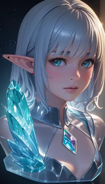 (best quality:1.2) (4k:1.) (very high resolution:1.1) , (realistic photograph:1.1) , (ultra detailed CG:1.1) , official concept art , sculpture made of crystal , statue , no human , 1girl elf , solo , (detailed face:1) , (small breasts:1) , (short wavy hair:1) , upper body , transparent body , <lora:crystal_v1:1> (phcrystal:1) , colorful crystal , gems , <lora:glasssculpture_v8:.8> (glasssculpture:.95) , translucent , transparent ,reflection , RTX , lay tracing , particles
