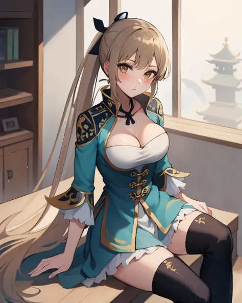 best quality, (masterpiece:1.2), illustration, absurdres,
(1girl, solo), (beautiful detailed girl), (cute:0.4), 
<lora:WangYuanjiDW8:0.9>, Wang Yuanji, blonde hair, ponytail, brown eyes, large breasts, 
aqua dress, ornate dress, cleavage, aqua skirt, black thigh boots, thighhigh boots, high heels,
blush, looking at viewer, 
(chinese architecture background), 
sitting, cowboy shot, full body,