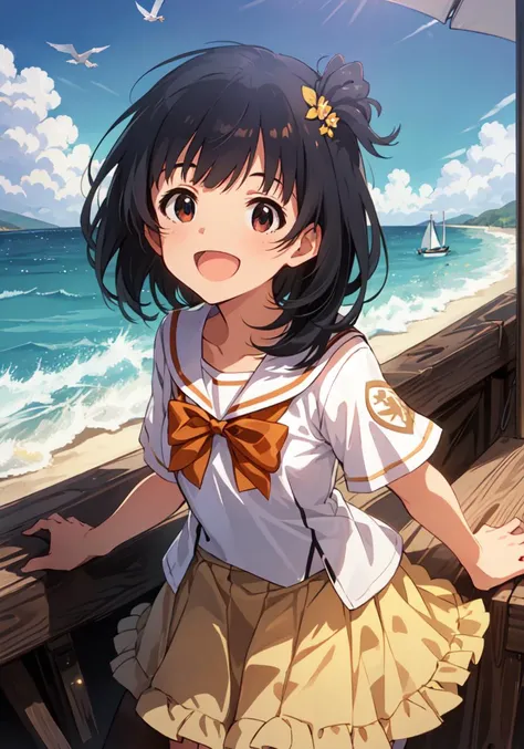 iku nakatani (million live), (best quality, 8K, masterpiece, ultra detailed:1.2), dynamic pose, cinematic angle, cowboy shot, light particles, sparkle, beautiful detailed eyes, shiny skin, shiny hair, day, dappled sunlight, blue sky, beautiful clouds, beach, wide shot, depth of field, blurry, sailing boats, ocean, seagull, islands in distance, 1girl, solo, skirt, smile, cute, happy, open mouth, sailor collar, shirt, pleated skirt, short sleeves, :d, school uniform, serafuku, collarbone, ribbon, bow, <lora:Iku_Nakatani-000016_v1.0:1>