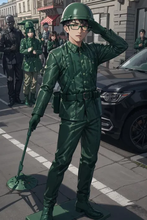 best quality, HDR, Extremely detailed face, (detailed (boy hair, boy face, boy cloth)), young man, (wearing black glasses), (black hair), (short hair), (black eyes), (full body), ([(Plastic Green Army Toy Soldier Costume):(blue schoolboy uniform):0.9]) <lora:Plastic Green Army Toy Soldier Costume:0.6>, Plastic Green Army Toy Soldier Costume, (Green Helmet, Plastic Green Jacket, Plastic Green Pants, Green Belt, Plastic Green Gloves, Plastic Green Boots), Plastic Green Base Plate, standing, salute, saluting, (panic:1.2), (tear:1.2),
full body, outdoors, from front, theme park background,
