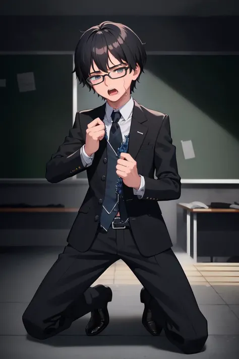 best quality, HDR, Extremely detailed face, (detailed (boy hair, boy face, boy cloth)), young man, (wearing black glasses), (black hair), (short hair), (black eyes), (full body), ([(boy bodysuit):(blue schoolboy uniform):0.1]) <lora:tentacle_clothes:1> (tentacle clothes:1.1), tentacles, tentacle sex, kneeling, (panic:1.2), (tear:1.2), (open mouth), (hands on clothes), (in classroom)