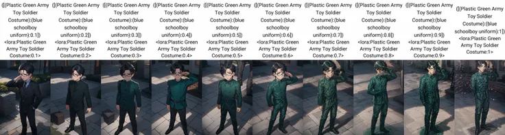 best quality, HDR, Extremely detailed face, (detailed (boy hair, boy face, boy cloth)), young man, (wearing black glasses), (black hair), (short hair), (black eyes), (full body), ([(Plastic Green Army Toy Soldier Costume):(blue schoolboy uniform):0.1]) <lora:Plastic Green Army Toy Soldier Costume:0.1>, Plastic Green Base Plate, standing, salute, saluting, (panic:1.2), (tear:1.5), outdoors, from front, 
(theme park background),
(denoise), (8k uhd), (extremely fine and beautiful, best quality, ultra-detailed), (sharp focus), (soft illumination, soft volumetric lighting, soft lighting, soft shadows), (ray tracing ambient occlusion), (masterpiece, post processing), intricate, (stunning environment:1.5),
(side lighting, particle lighting, cinematic lighting), (light and shadows),
(detailed (boy hair, boy face, boy cloth):1.5)